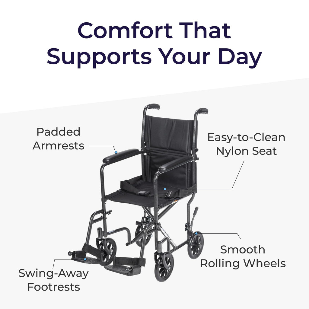 Drive Medical Lightweight Folding Transport Wheelchair - Reliable Mobility Support - Durable Steel Frame - Swing-Away Footrests - Compact Travel Design - Silver