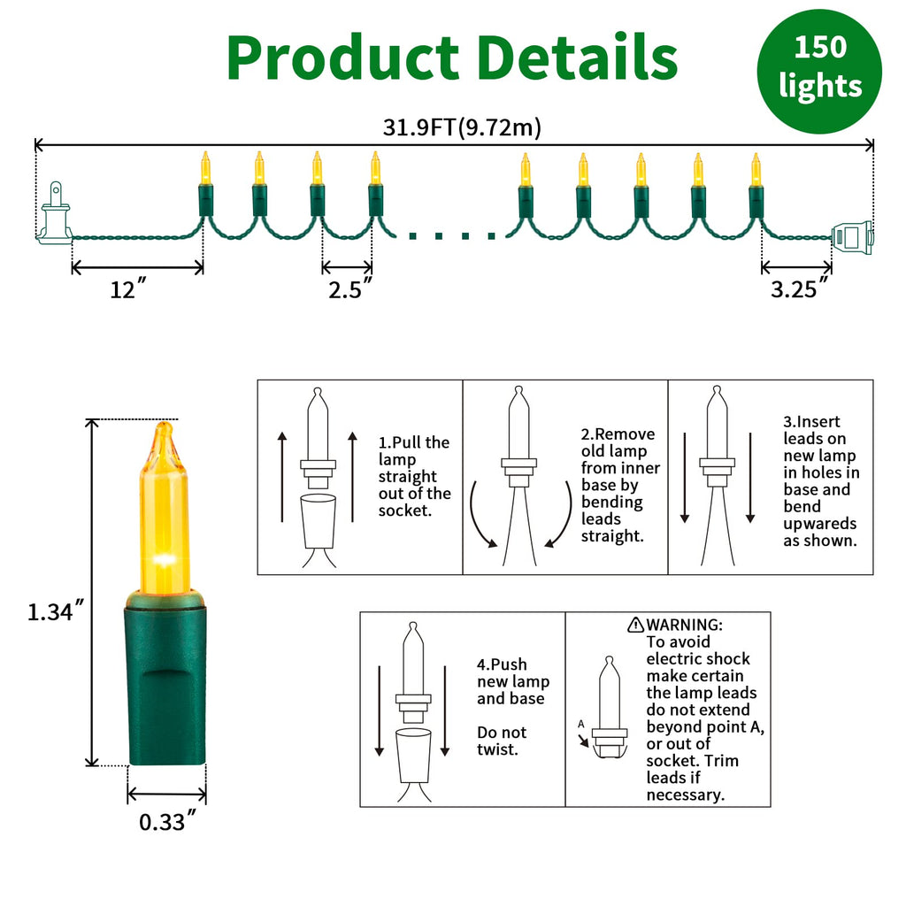 LAMPHOME Super-Bright Extendable Yellow Christmas Lights Decoration 150Lights 31.9ft UL Certified Mini Bulb String Light Set for Outdoor Christmas Tree Garden Holiday Party Patio Wedding Garland Decor