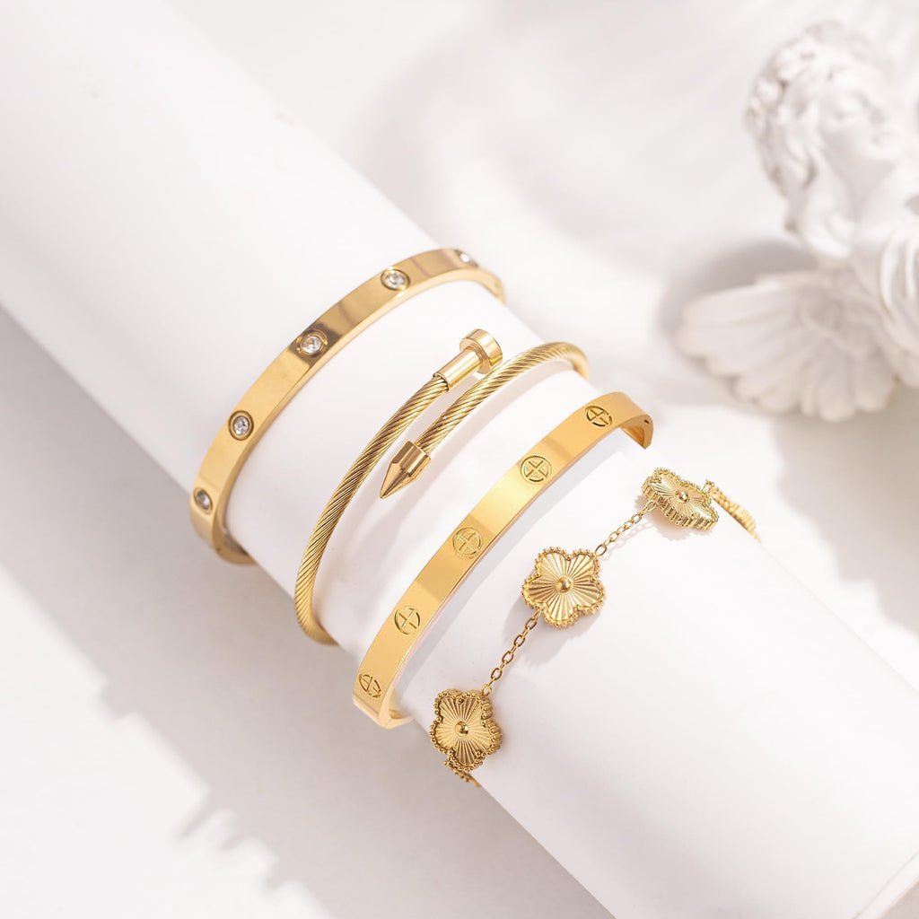 Womens Stackable Floral Gold Bracelets - 4Pcs 18K Gold Plated Bracelet,Stainless Steel Bangle Bracelets Non Tarnish, Gold Bracelet Set Trendy Jewelry,Christmas Valentines Birthday Gifts for Girlfriend