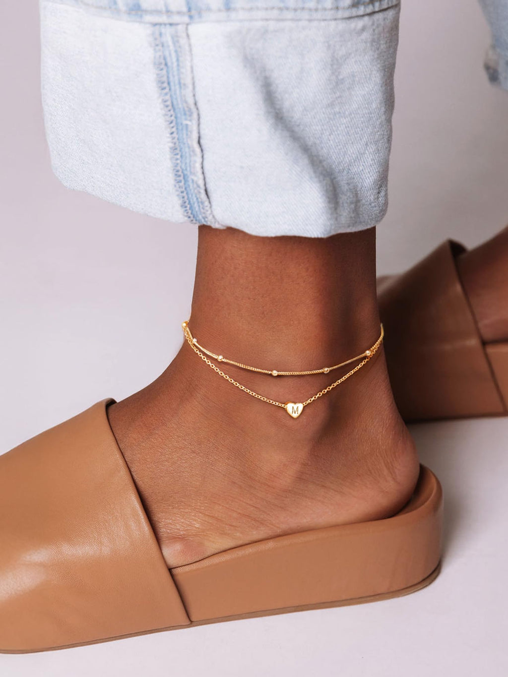 ChicSilver Gold Ankle Bracelets for Women Waterproof 14k Gold Anklets for Women Dainty Heart Layered Initial Anklet With Letter M