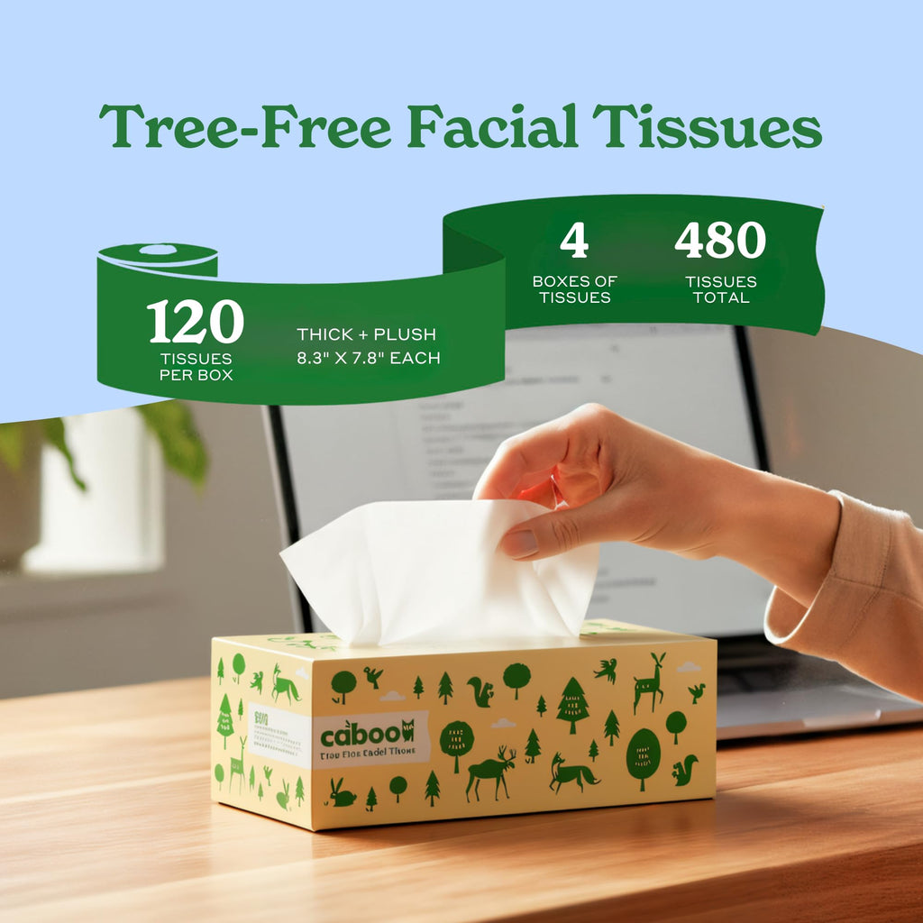 Caboo Tree Free Facial Tissue Paper, Tree Free, Eco Friendly 3 Ply Tissue Flat Box - 120 Sheets Per Box, Total of 4 Boxes, 480 Total Tissues