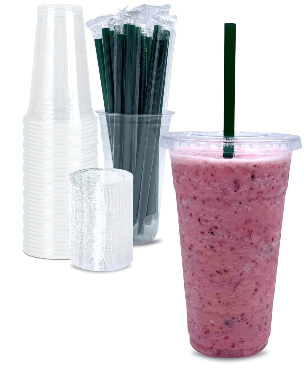Cappatua 24 oz Clear Plastic Cups with Lids and STRAWS, Disposable Drinking Cups for Cold Drinks, Iced Coffee, Milkshakes, Smoothies, 25 Sets
