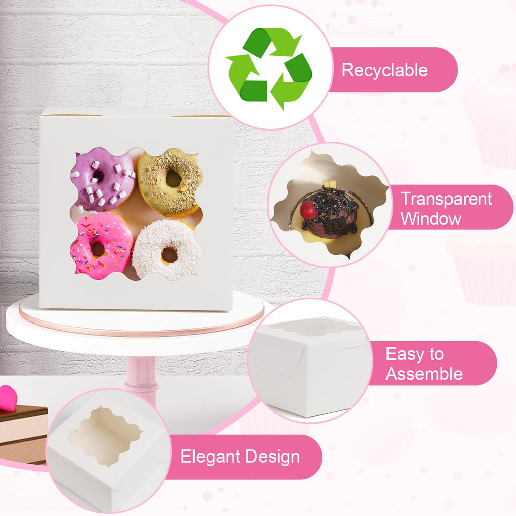 ZYFOTZUN 26pcs White Cookie Boxes with Window, 4x4x2.5 Inch, 36pcs Stickers