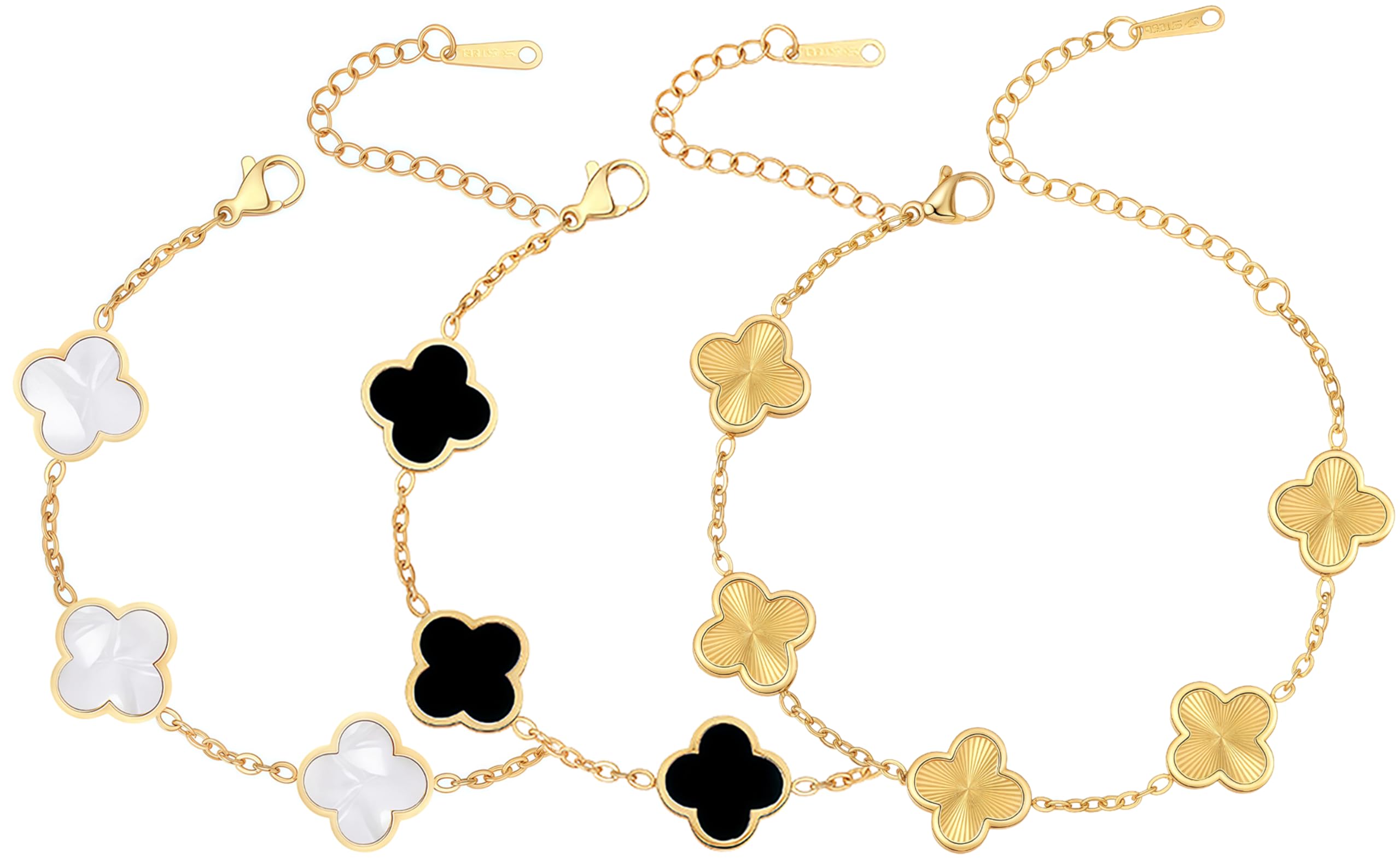 iGenztech (Sturdy Version) 18K Gold Plated Bracelets for Women Men (Double Sided) Four Leaf Clover Cute Trendy Lucky Braclet (Adjustable) Fit Wrist Within 8 Inch, Gold White Black Green Blue Red Pink