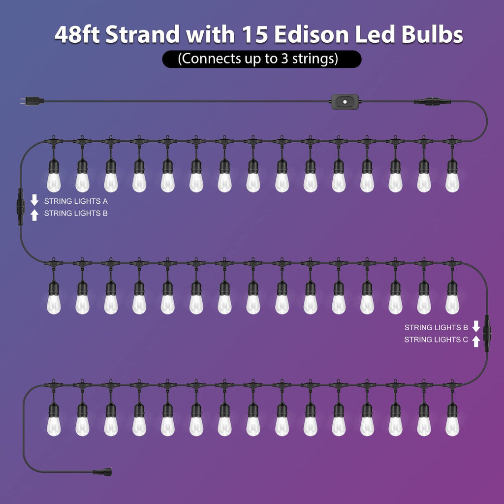 Mlambert 48FT Outdoor Patio RGB Cafe String Lights with Remote, Black