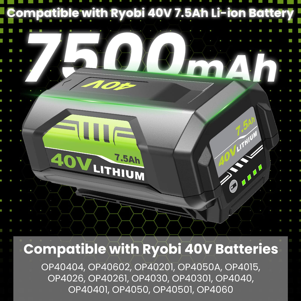 2Pack High Capacity 7500mAh OP40261 Replacement for Ryobi 40V Battery Lithium and OP401 Charger Compatible with Ryobi 40 Volt Battery OP4050 OP4040 OP40401 OP40201 OP40601 Cordless Power Tools