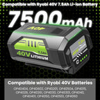 2Pack High Capacity 7500mAh OP40261 Replacement for Ryobi 40V Battery Lithium and OP401 Charger Compatible with Ryobi 40 Volt Battery OP4050 OP4040 OP40401 OP40201 OP40601 Cordless Power Tools