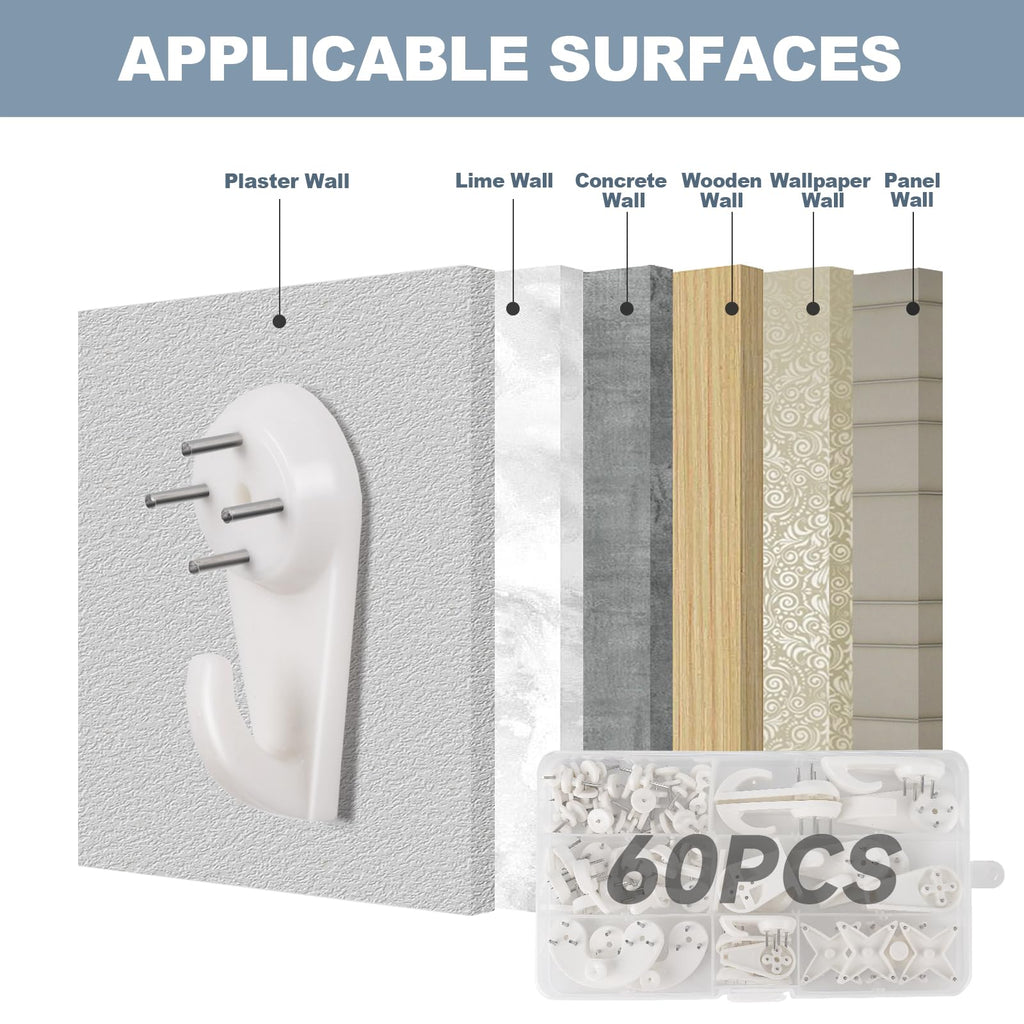 COVITKAN 60 PCS Picture Hangers Hanging Kit, Heavy Duty Hooks for Stucco/Concrete/Hard Walls Without Drilling, Invisible Nail&25 LBS Weight Load