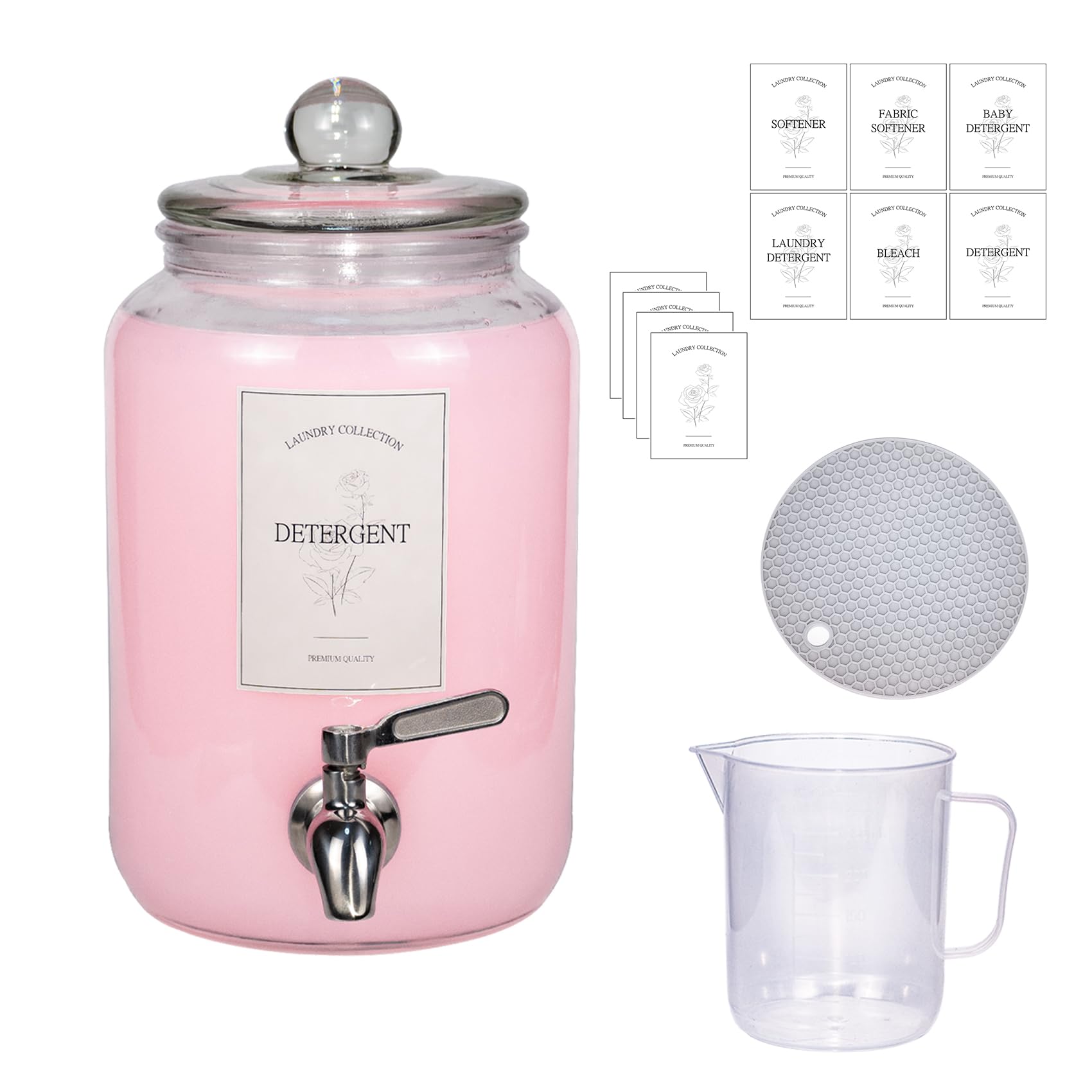 Large Liquid Laundry Detergent Dispenser with Spigots and Measuring Cups,108oz Leak-Proof Glass Fabric Softener,Reusable Glass Detergent Dispenser for Laundry Room Organizer and Storage(1)