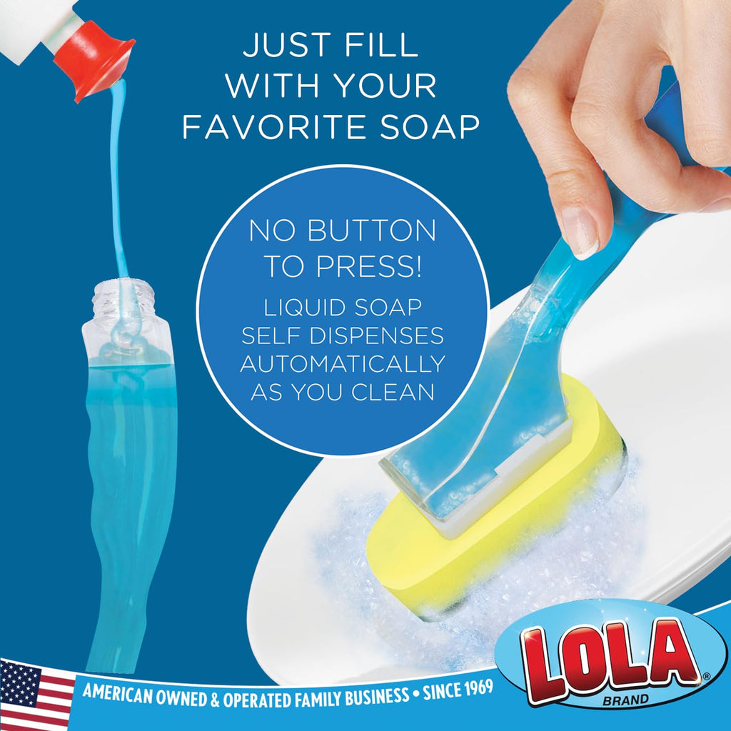 LOLA Dish Brush w/Soap Dispenser Wand, 12 Brushes w/Heads & 72 Refills, Absorbent Sponge Scrubber, No Leaking. Clean Dishes, Sinks and Cookware