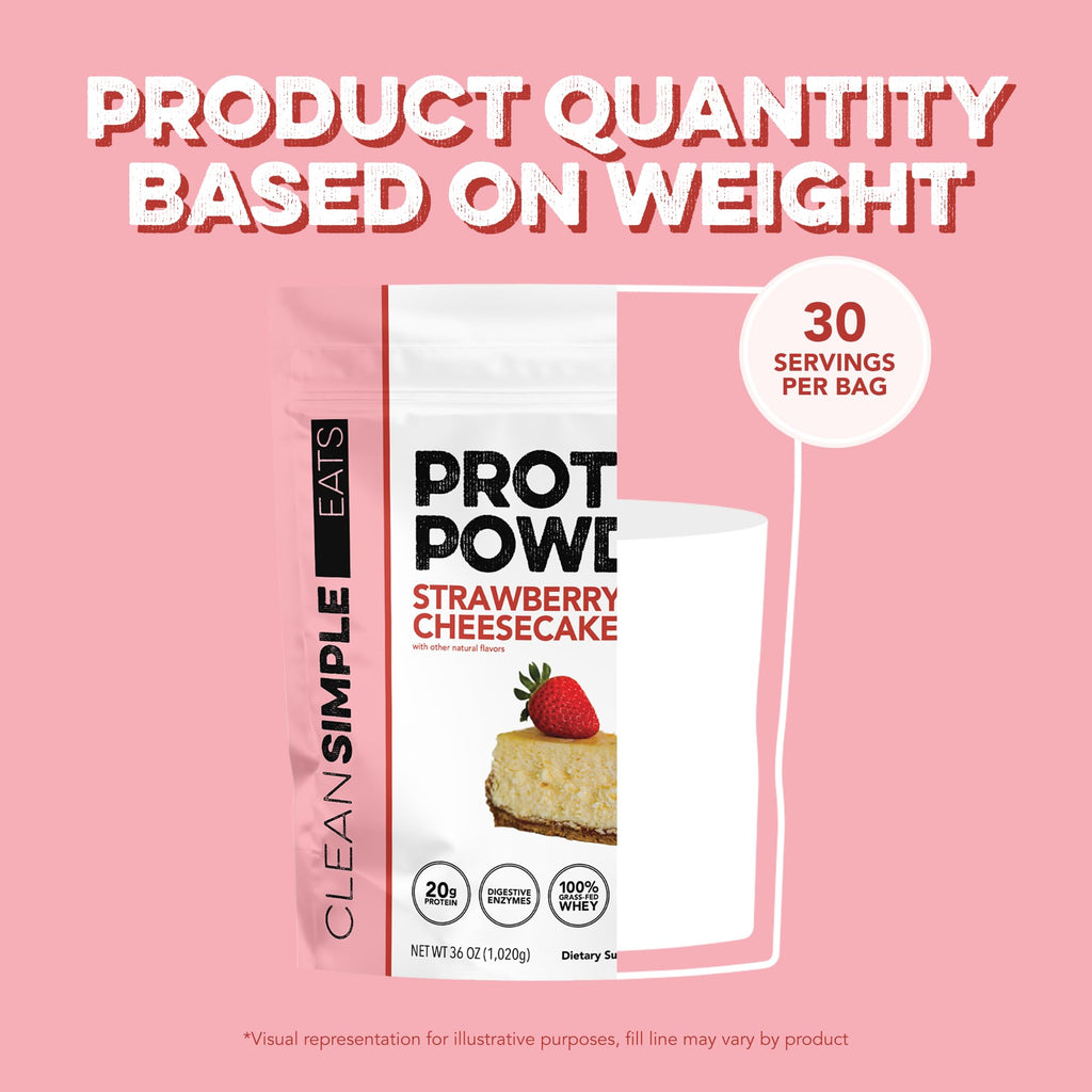 Clean Simple Eats Whey Protein Powder, Strawberry Cheesecake Flavor, Naturally Sweetened, Grass Fed Protein Powder with Digestive Enzymes, No Artificial Ingredients, Gluten Free, 30 Srvgs