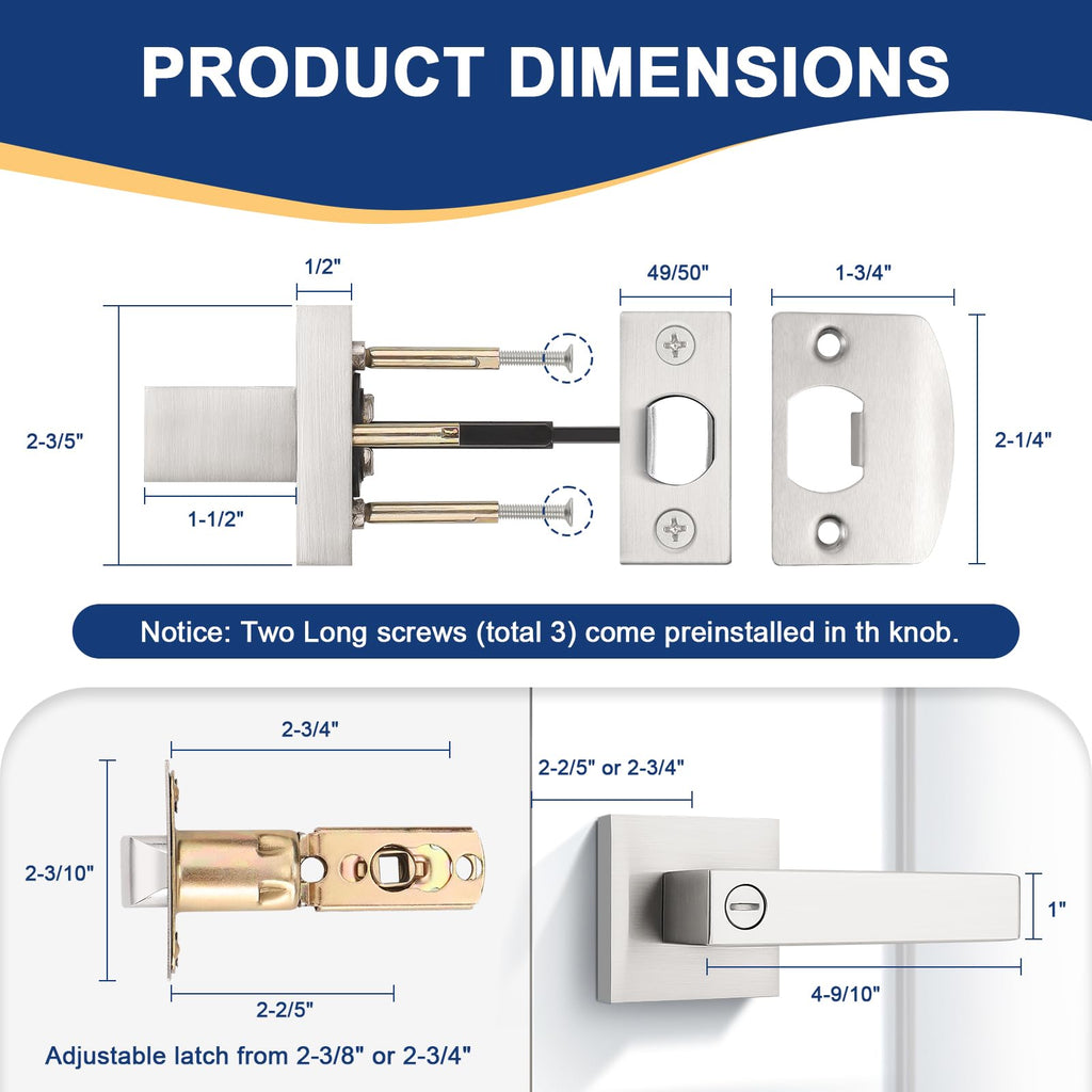 KNOBWELL 20 Pack Heavy Duty Square Door Handle Brushed Nickel Door Lever with Lock Bed and Bath Privacy Handle Bulk Door Knobs(No Key)