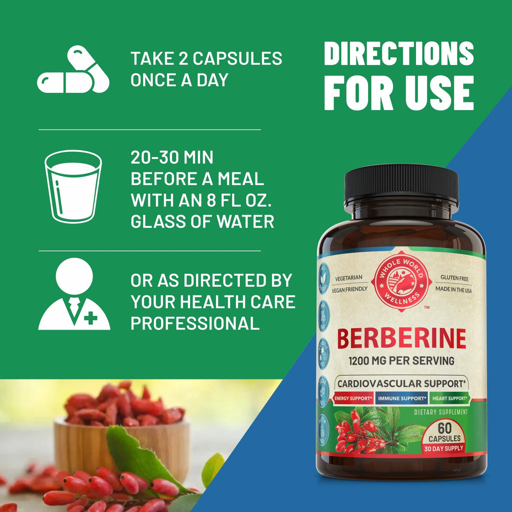 1200mg Berberine Herbal Health Capsules Support Heart and Cardiovascular Health, Help Maintain Healthy Cholesterol, Triglyceride, Blood Sugar Levels, Supports Digestion, Boosts Metabolism, 60 Capsules