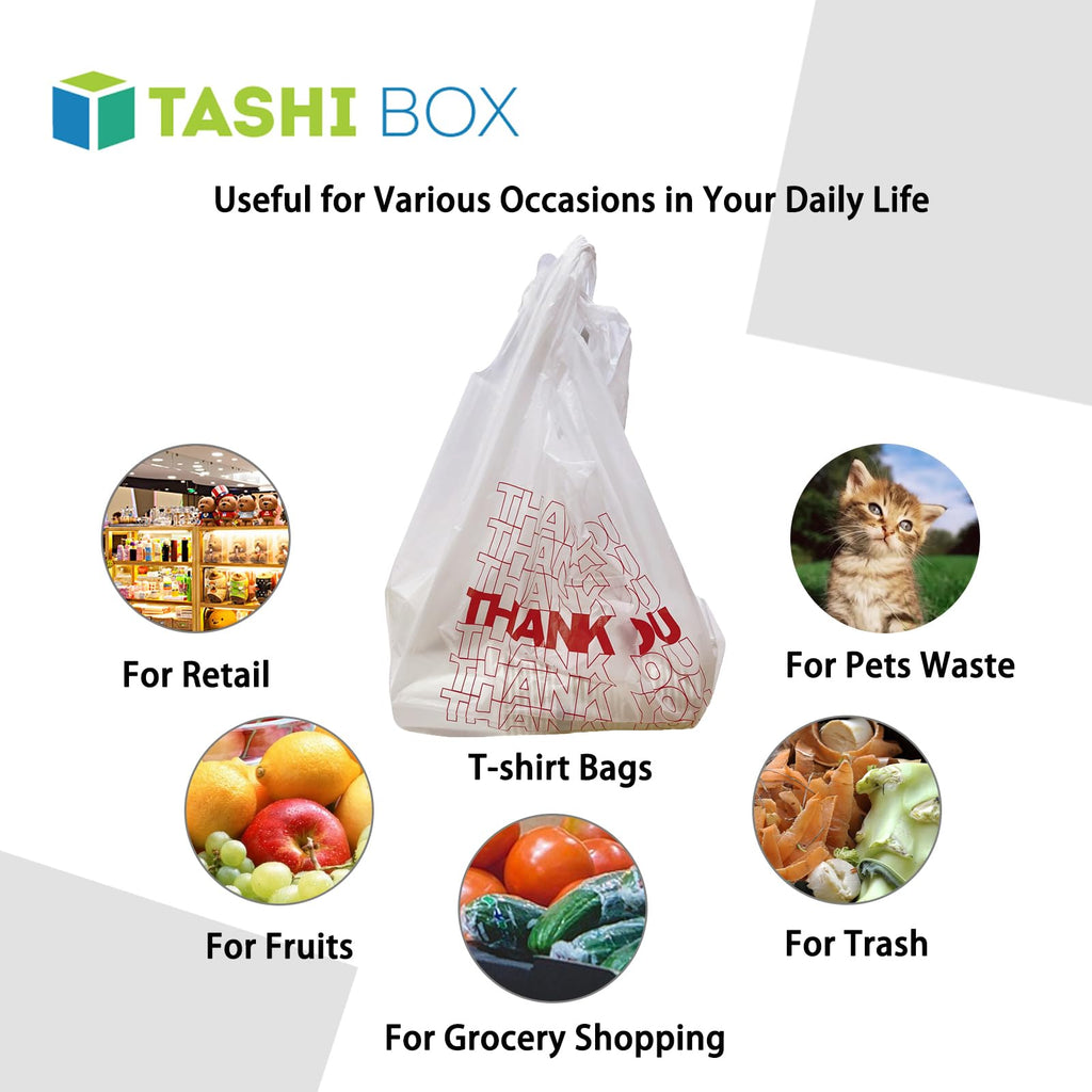TashiBox Thank You plastic bags with handles(500 count),shopping,grocery T-shirt bags for small business,11.5" X 6.25" X 21", 15mic, 0.6 Mil