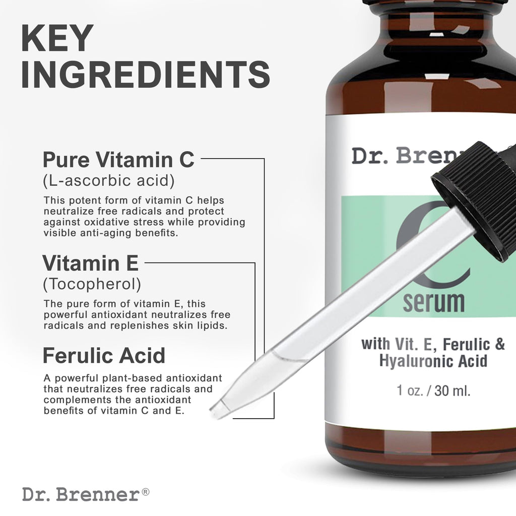 Vitamin C Serum 20% Pure L-Ascorbic Acid, Ferulic Acid, Vitamin E and Hyaluronic Acid for Face and Eyes Natural Anti Aging Anti Wrinkle 1oz. by Dr. Brenner