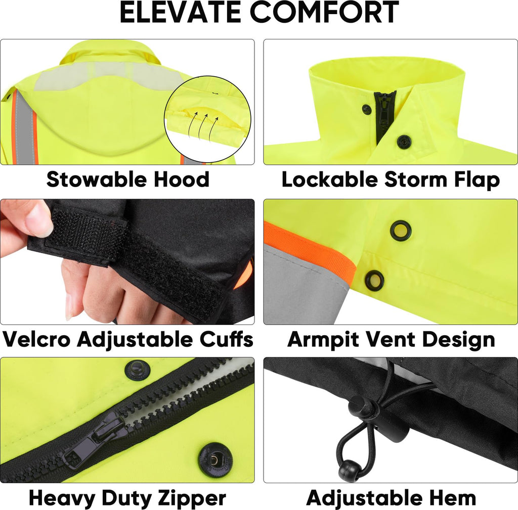 TICONN Reflective Rain Jacket Safety Jacket, Waterproof Hi Vis Rain Coat, Class III High Visibility Coat (Yellow&Black, L)