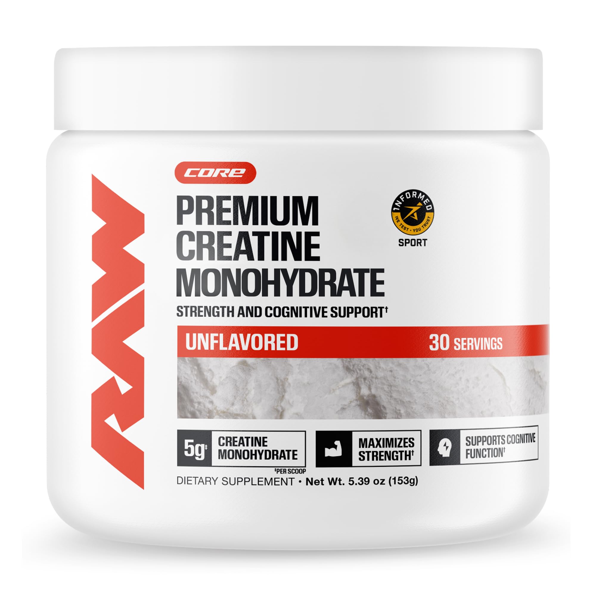 RAW Nutrition Creatine Monohydrate Powder, Unflavored (30 Servings) - Micronized Creatine Monohydrate Supplement for Workout Performance, Build Muscle & Strength - Creatine Powder for Men & Women