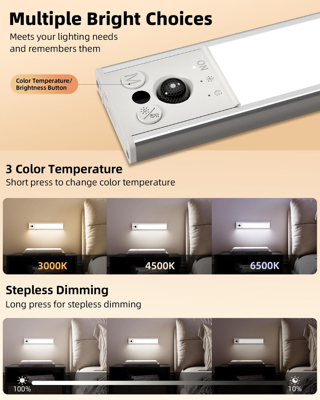 EZVALO 14.5inch Under Cabinet Lighting, Rechargeable Motion Sensor Light Indoor with 3 Color Temperatures, Dimmable & Magnetic Closet Lights, Wireless Under Counter Lights for Kitchen, Stairs (2 Pack)