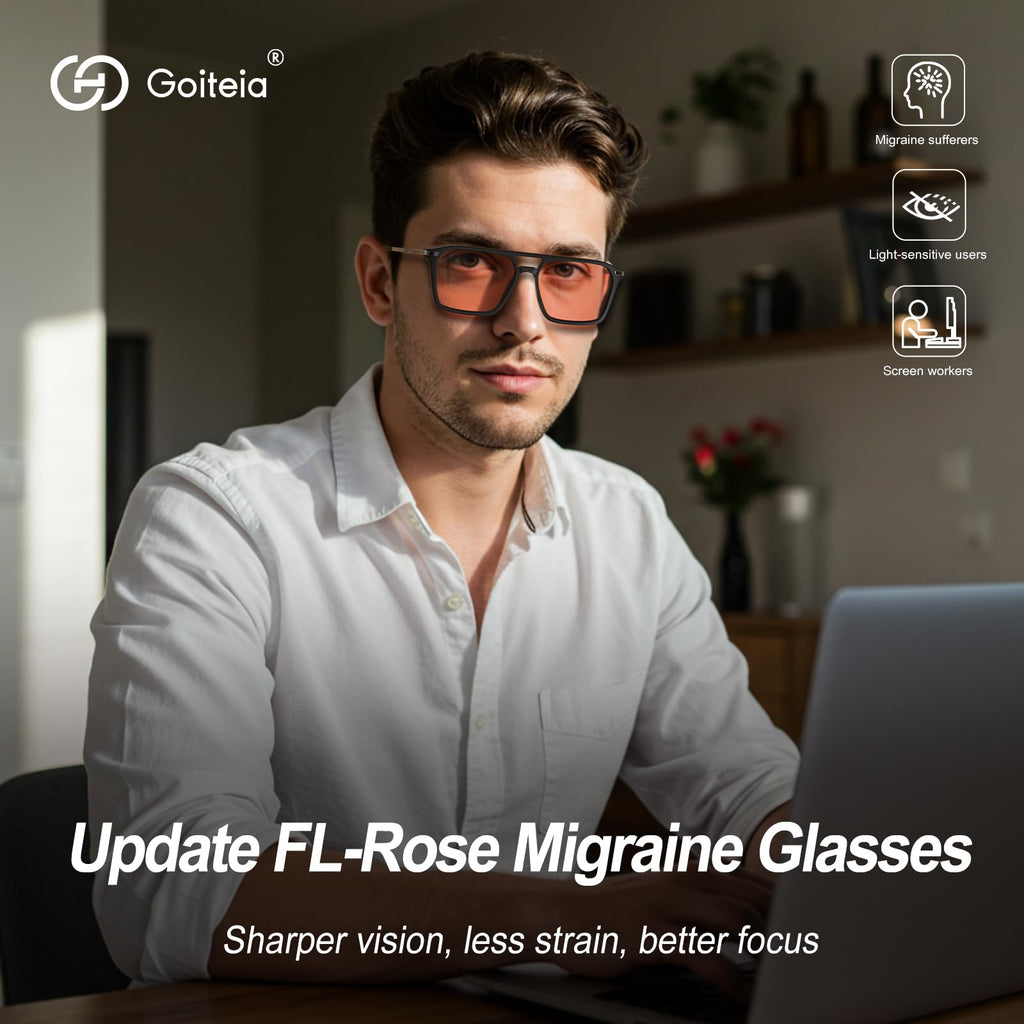 Goiteia FL 41 Migraine Glasses,Light Sensitivity Glasses for Fluorescent LED Glare,Photophobia,Computer Screen Glare,Spring Hinges for Better Comfort