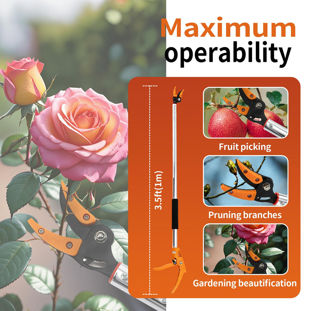 3.5 ft (1.0m) Cut & Tree Trimmer for Precision Gardening Pruning & Fruit picking, 40 in Long Reach Pruning Shears - Lightweight Aluminum Rust-Resistant Picker, Branch Bypass Loppers(1/4" Max Cut)