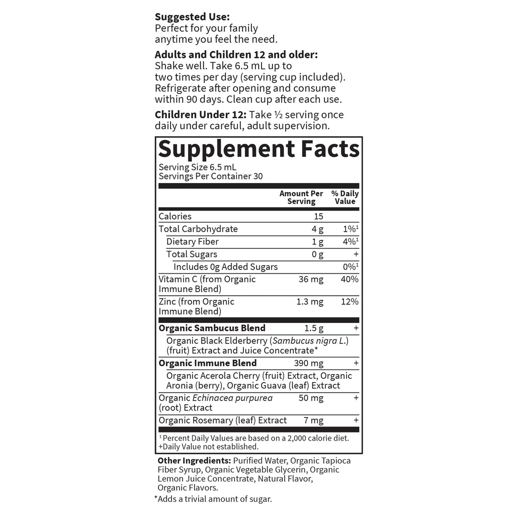 Garden of Life Organics Plant Based Elderberry Immune Syrup 6.59 floz (195 mL) for Kids & Adults - Sambucus, Echinacea, Zinc & Vitamin C, 0g Sugar, Organic Vegan Gluten Free Herbal Supplement