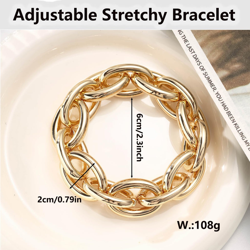 WZJLY Chunky Gold Bracelet for Women Non Tarnish, Trendy Stretch Cuban Link Chain Plated Gold Bangle Bracelets (O-Chain-Gold)