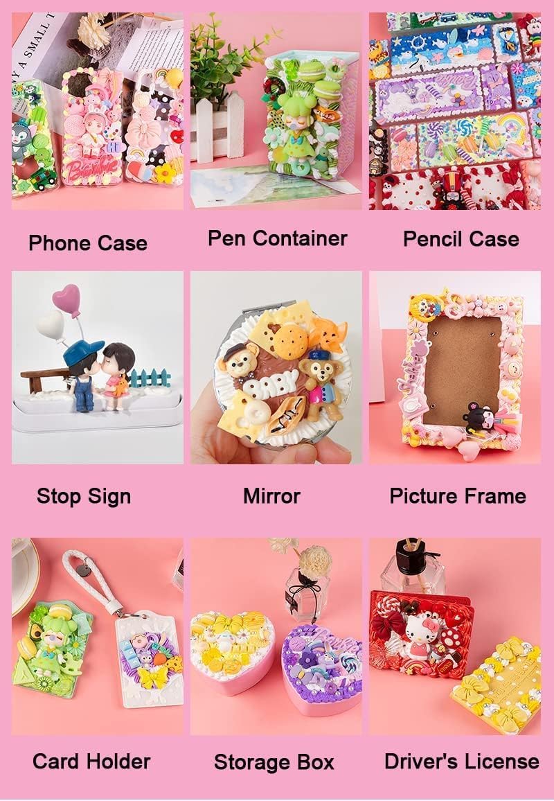 BoFUN 6-Pack Whipped Cream Glue Clay Set with 60+ Resin Charms - DIY Phone Cases Kit Craft for Jewelry, Mirrors & Scrapbooking - Cartoon Slime Charms with Piping Tips (Brown-Yellow)