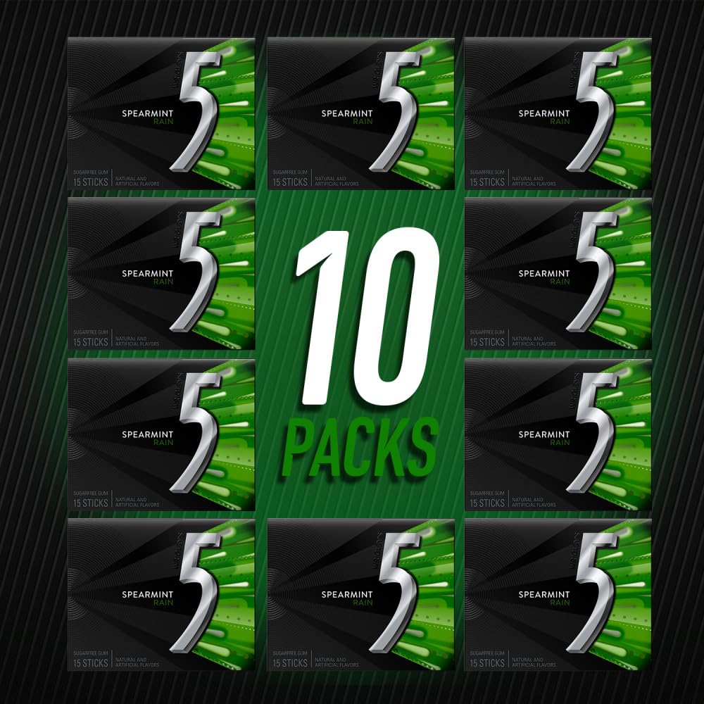 5 GUM Spearmint Rain Sugar Free Chewing Gum, Bulk, 15 Stick, 10 Pack