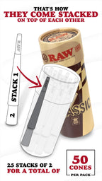 RAW Cones Classic King Size - 150 Pack - Slow Burning Pre Rolled Paper with Tips and Packing Tubes Included