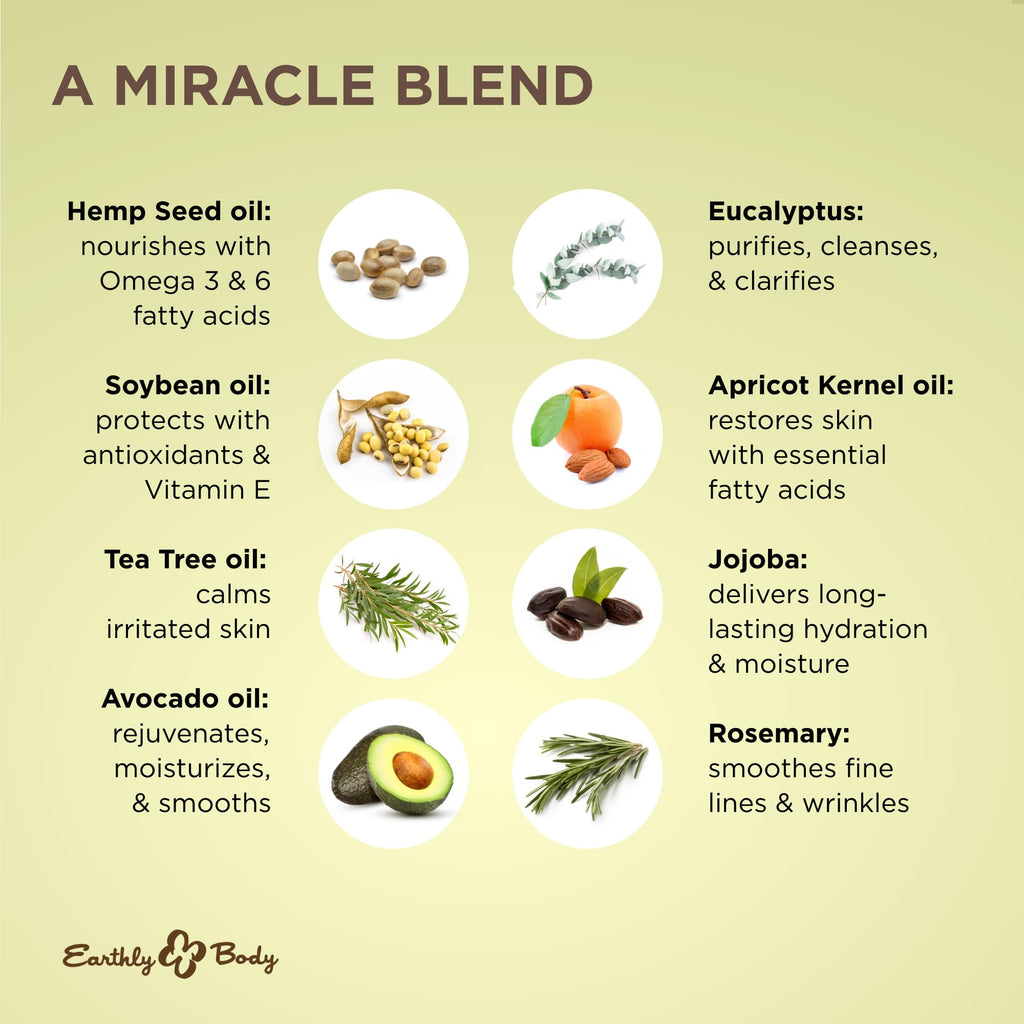 Earthly Body Miracle Oil, 1 fl. oz. - 2 Pack - 100% Natural Tea Tree Oil, Hemp Seed Oil & Vitamin E - Moisturizer, Calms Skin Irritations, Helps Smooth Wrinkles - Gluten Free, 100% Vegan
