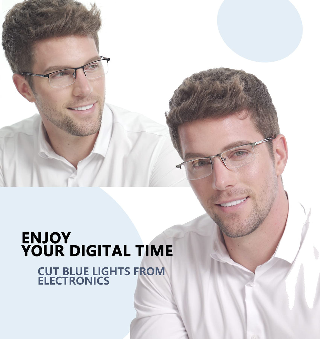 JJWELL 3 Pack Mens Reading Glasses Blue Light Blocking, Metal Rectangle Semi Rimless Readers for Men, Anti Eyestrain/Computer Glare/UV, Half Frame Spring Hinge Eyeglasses with Pouches(3.25)