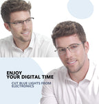 JJWELL 3 Pack Mens Reading Glasses Blue Light Blocking, Metal Rectangle Semi Rimless Readers for Men, Anti Eyestrain/Computer Glare/UV, Half Frame Spring Hinge Eyeglasses with Pouches(3.25)