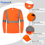 ProtectX 3-Pack Men's High Visibility Heavy Duty Long Sleeve Reflective Safety T-Shirts for Construction, Class 2-3 Type R, Orange Long Solid Medium