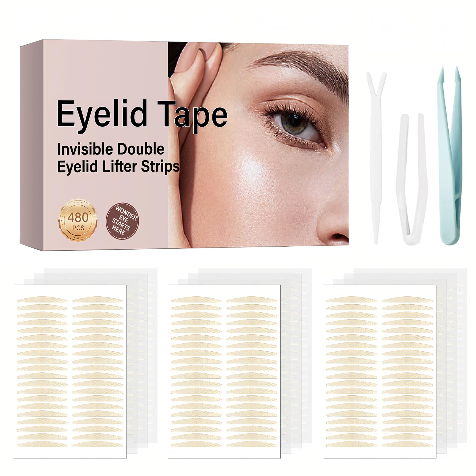 480Count Eyelid Tape, Eyelid Lifter Strips, Eyelid Tape for Hooded Eyes Invisible, Instant Surgery-Free Eye Lift for Uneven or Single Eyelids, Say Goodbye to the Hood, Sagging Eyelids