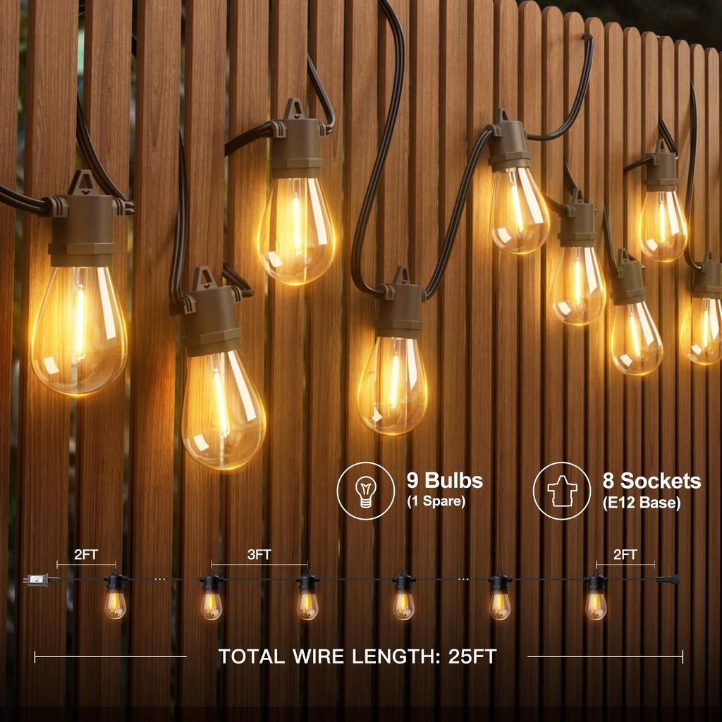 addlon 25FT LED Outdoor String Lights with Edison Shatterproof Bulbs, Heavy-Duty and Weatherproof Strand, Commercial Grade Patio Lights, Decorative for Garden or Patio, Black