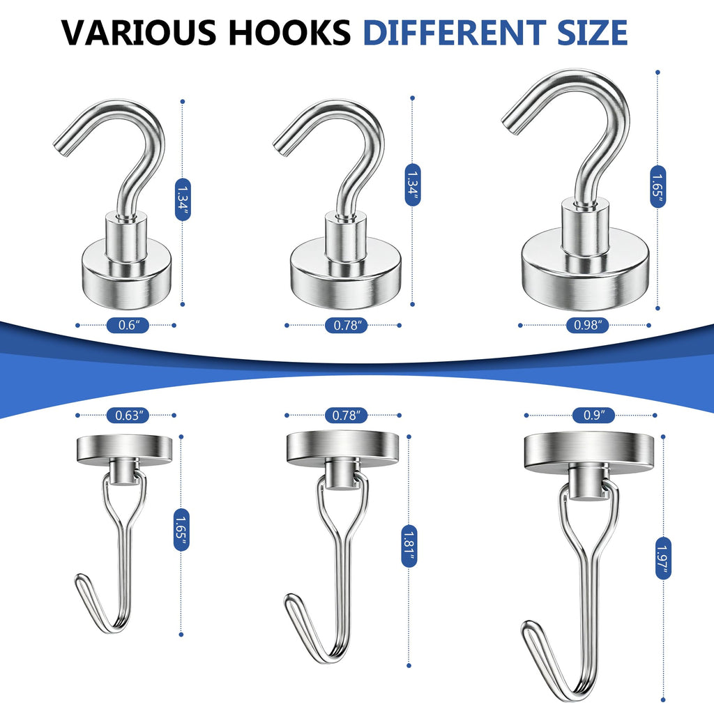 Tiergrade Mixed Sizes Magnetic Hooks, 2026 Cruise Cabin Ship Essentials Heavy Duty Strong Magnets Fridge Hanging for Classroom Kitchen Garage Grills Home, 10 Pack Silver (Medium 4 + Large 2 + Max 4)