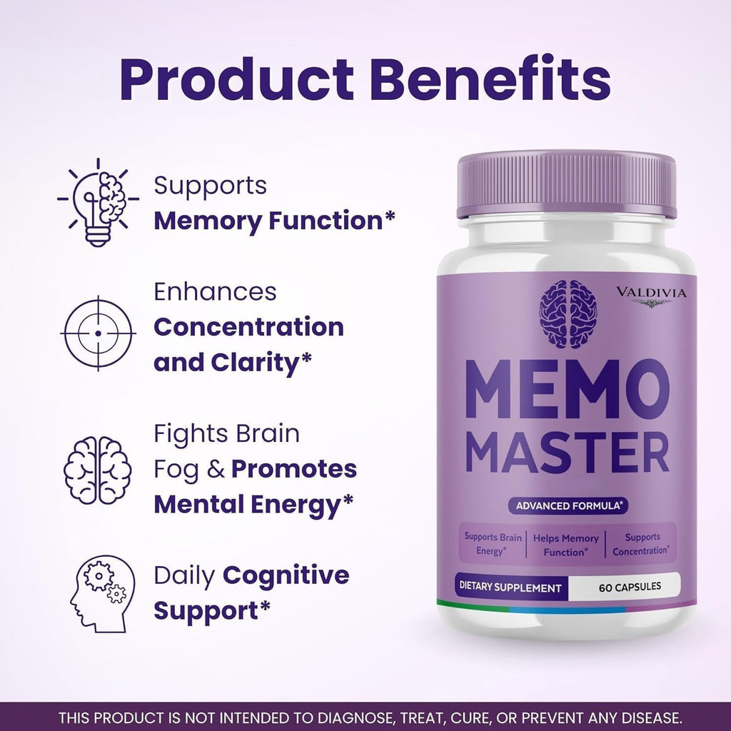Valdivia Memo Master Capsules - Premium MemoMaster Daily Memory & Focus, All Natural Memory Formula for Wellness - 60 Capsules for 1 Month