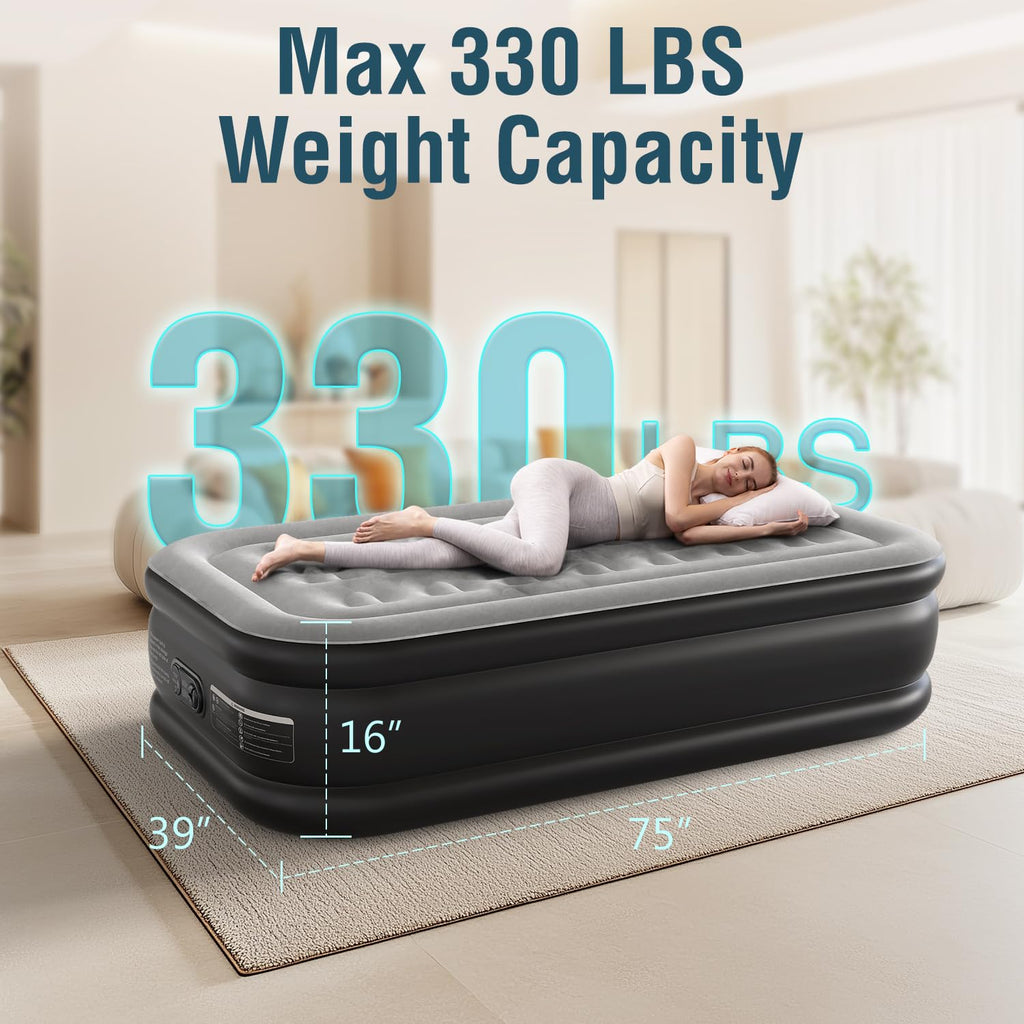 Ezyrest Twin Air Mattress Twin with Built in Pump 16" Double Height Inflatable Mattress with Soft Flocked Top & Carry Bag Adjustable Blow Up Mattress Portable Air Bed for Guest Indoor Travel-Black