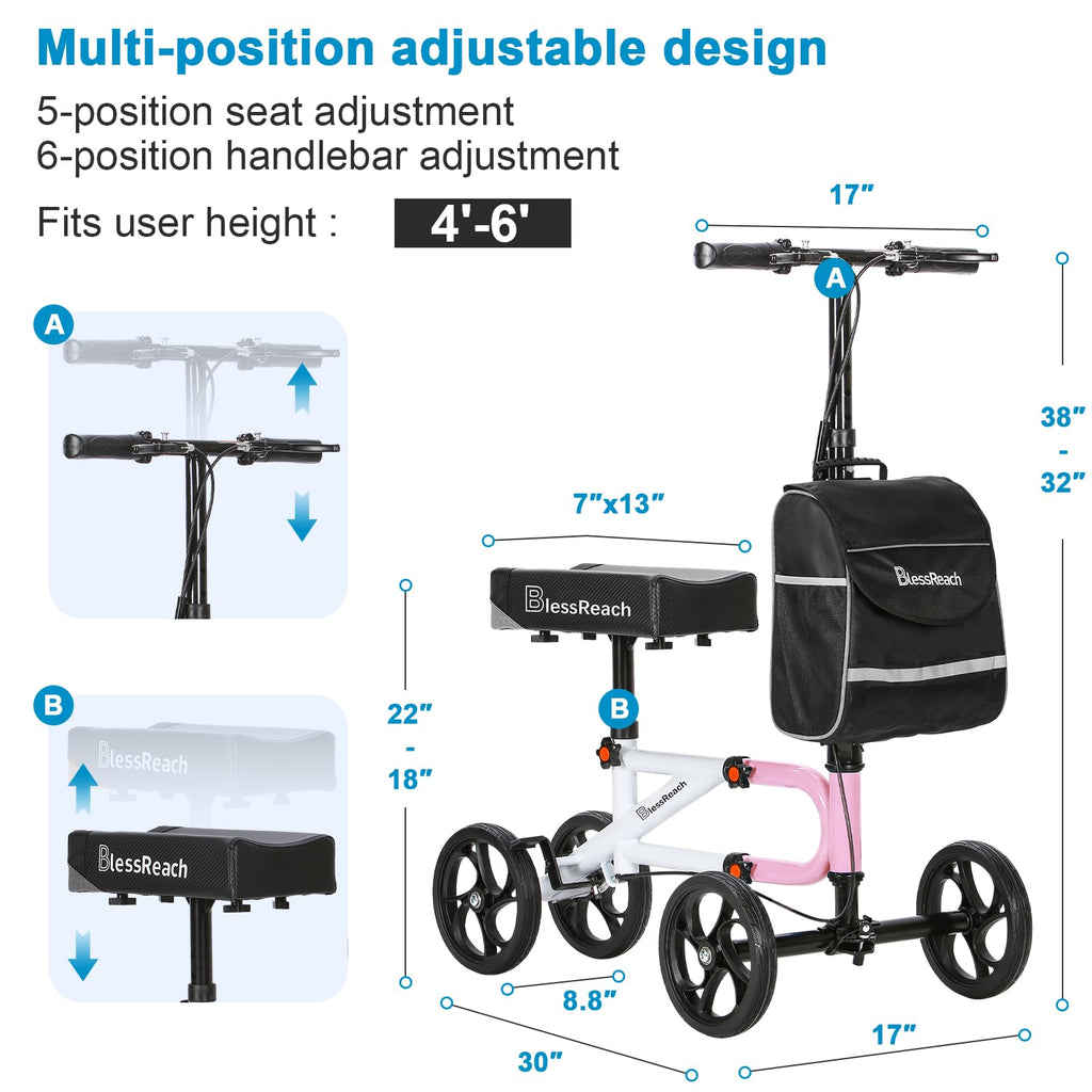 BlessReach Economy Knee Scooter Steerable Knee Walker for Foot Injuries Compact Crutch Alternative with Dual Braking System (Pink)