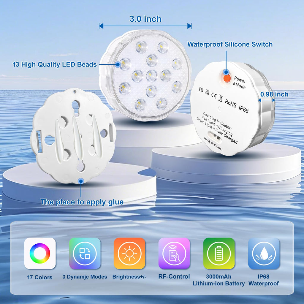 YiaMia Rechargeable Pool Lights with Remote, 2 Pack IP68 Waterproof Submersible LED Lights for Above Ground & Inground Pools, Bath, Shower, Party Decoration, Spas, Aquariums