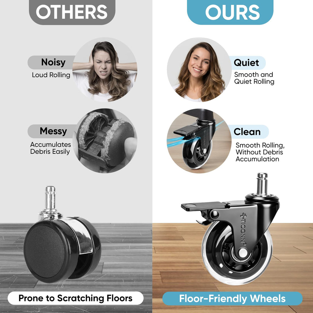 TICONN Office Chair Caster Wheels Set of 5 for Tile, Hardwood Floors and Carpets, Universal Fit for Most Chairs (Transparent with Brake)