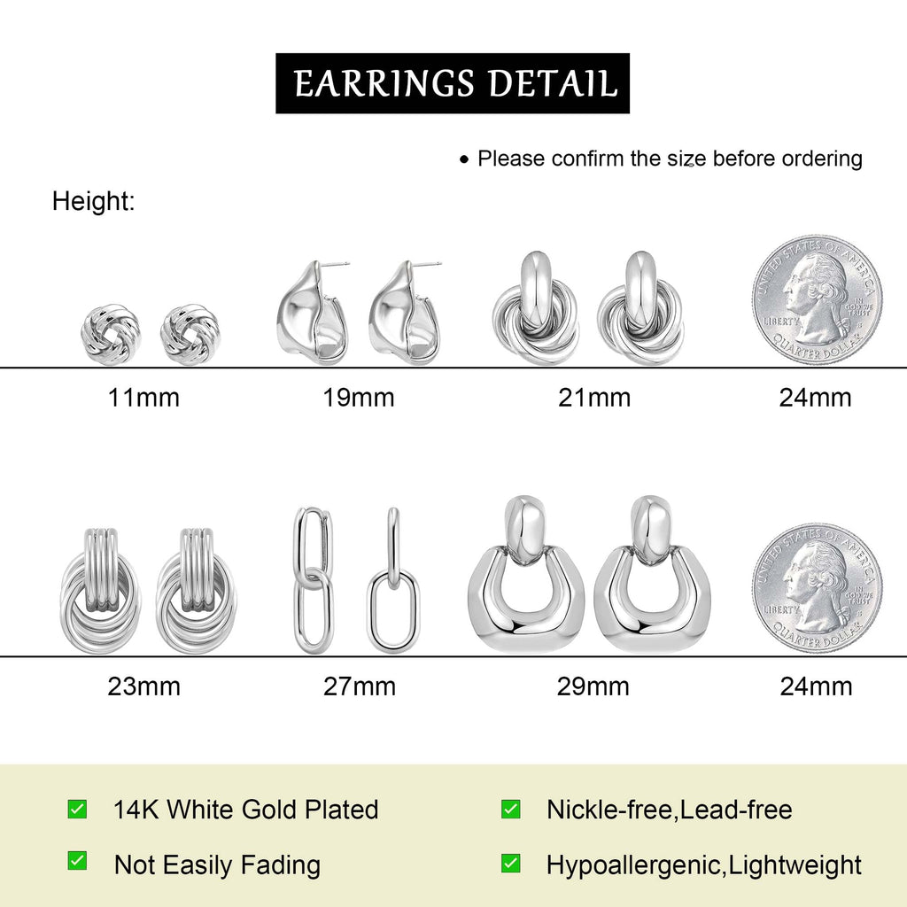 QJLE 6 Pairs Silver Dangle Earrings for Women Geometric Knot Statement Drop Earrings Lightweight Huggie Earrings Trendy Jewelry Gifts