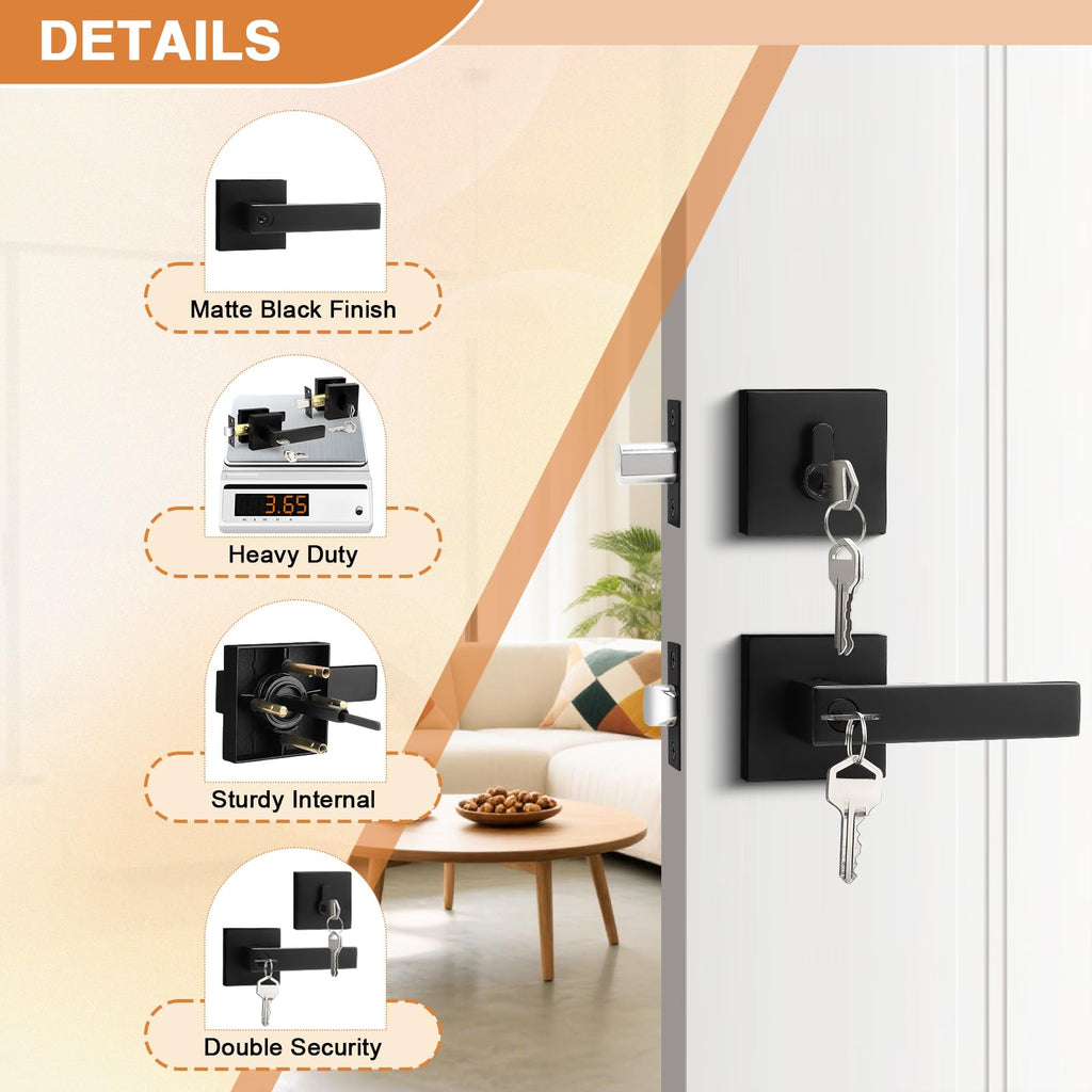 Probrico Flat Black Entry Levers Lock Sets and Single Cylinder Deadbolts Keyed Alike Combination Set, Heavy Duty Square Entry Door Locksets Front Door Bedroom Entrance Handles, 1 Pack(All Same Keys)