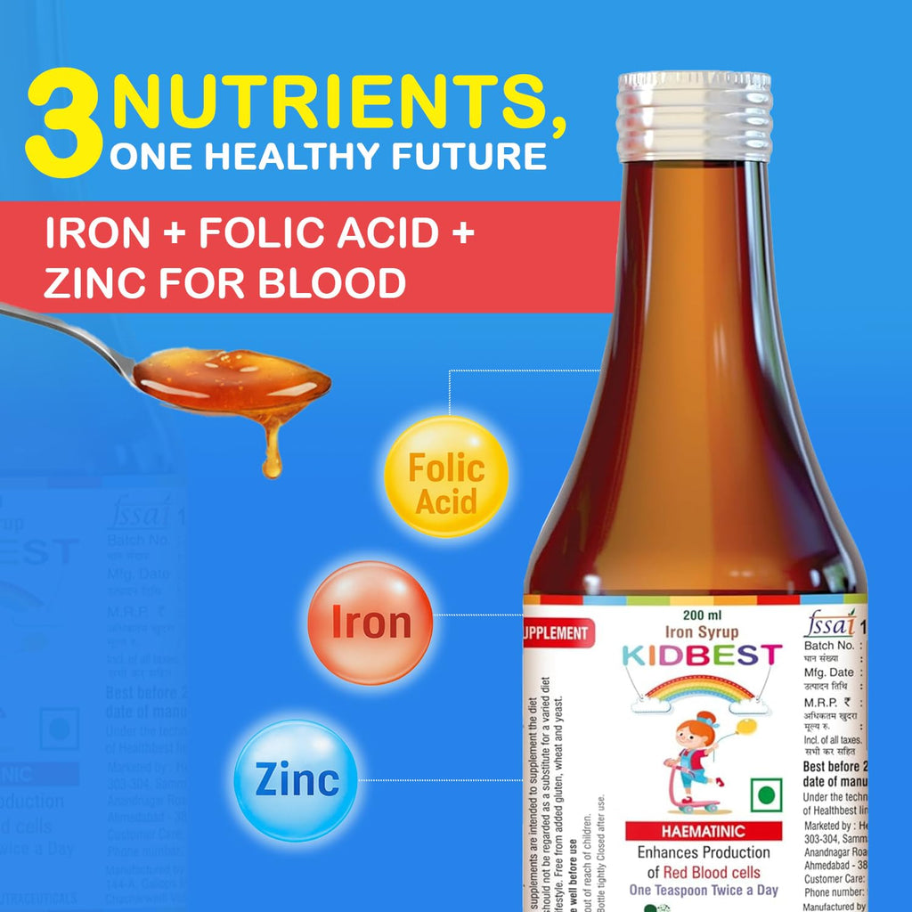HealthBest Liquid Iron Syrup for Kids – Triple Action with Folic Acid and Zinc – Boosts Hemoglobin, Appetite, and Immunity – No Metallic Taste – 200ml Liquid Supplement, Safe & Effective
