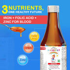 HealthBest Liquid Iron Syrup for Kids – Triple Action with Folic Acid and Zinc – Boosts Hemoglobin, Appetite, and Immunity – No Metallic Taste – 200ml Liquid Supplement, Safe & Effective