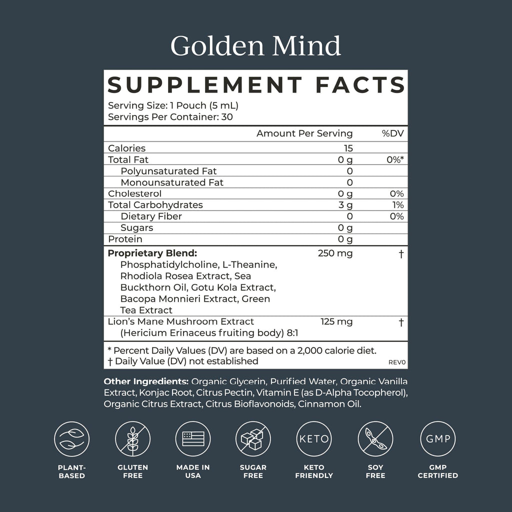CYMBIOTIKA Golden Mind Nootropic - Boosts Focus, Memory, Alertness, Supports Nervous System with Bacopa, Green Tea, Lion’s Mane, L-Theanine, Rhodiola | 30 Pouches