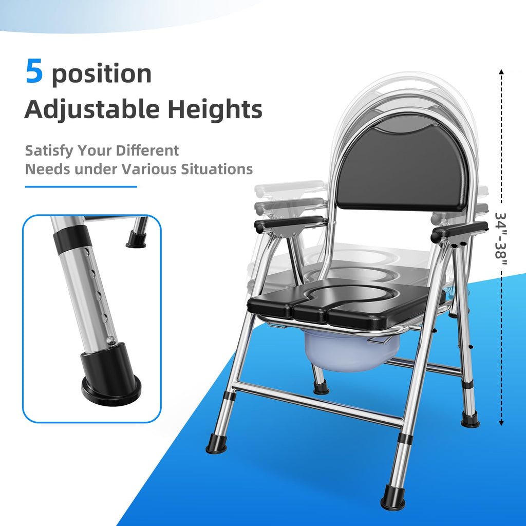 4 in 1 Folding Bedside Commode Chair for Elderly with Arms and Back,Adjustable Height Raised Toilet Seat with Handles,Adults Potty Chair for Seniors,Disabled Holds Up to 350 lbs (PU Soft Seat)