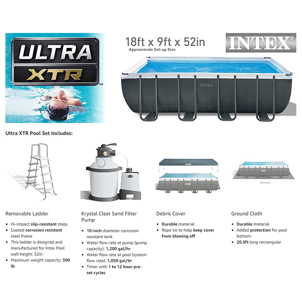 INTEX Ultra XTR 18 ft x 9 ft 52 in Above Ground Pool Set, Rectangular Swimming Pool with Steel Frame, 1500 GPH Sand Filter Pump, Ladder, Cover, & Ground Cloth