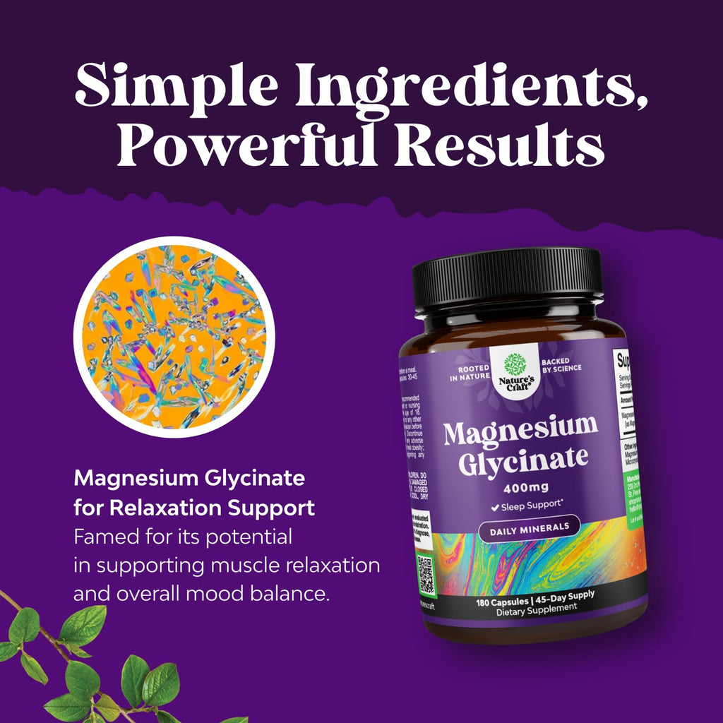 Pure Magnesium Glycinate Supplement 400mg Per Serving - Vegan High Absorption Chelated Magnesium Capsules for Women & Men with Elemental 400mg for Mood Sleep and Relaxation Support - 180 Count