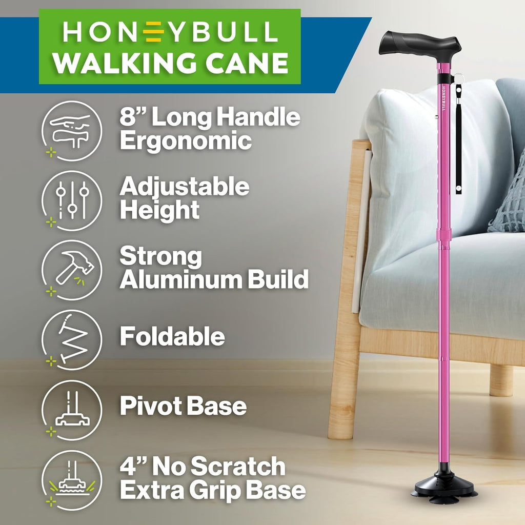 HONEYBULL Walking Cane for Men & Women Foldable, Adjustable, Heavy Duty, Free Standing, All Terrain, Collapsible Walking Sticks for Seniors & Adults